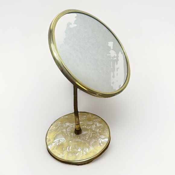 Other - Vintage Brass Gooseneck Double Vanity Mirror Pearlescent Base Hollywood Regency